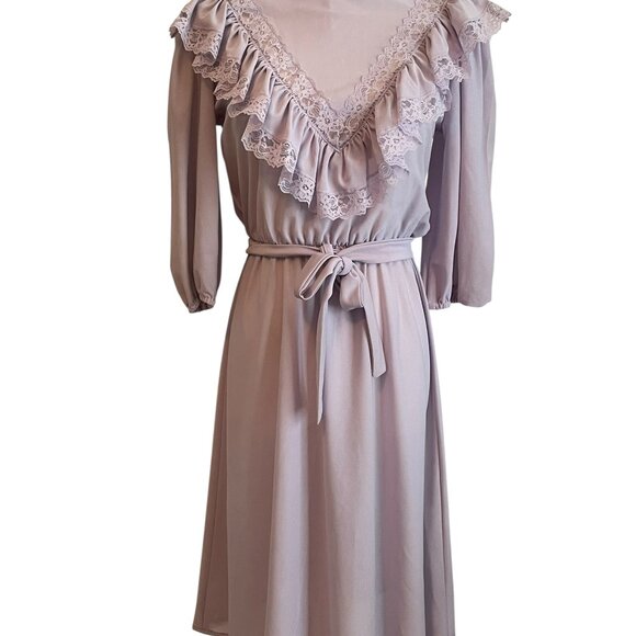 Vtg 70s Victorian Dress Size 7 Union Tag Lace Ruffle Feminine Romantic Pastel - Picture 1 of 14